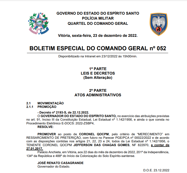 Boletim Especial Do Comando Geral 052